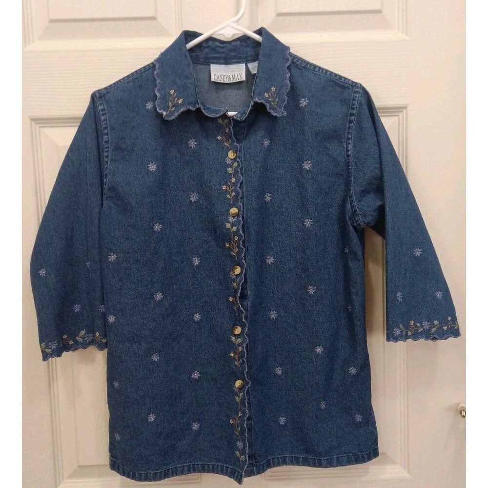 Vintage Women Casey & Max Embroidered Denim 3/4 Long Sleeve Shirt Small